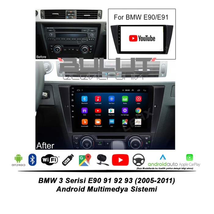 BMW 3 Serisi E90 91 92 93 Android Multimedya Sistemi (2005-2011) 2 GB Ram 32 GB Hafıza 4 Çekirdek İphone CarPlay Android Auto Navigatör