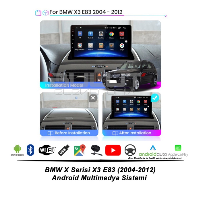 BMW X Serisi X3 E83 Android Multimedya Sistemi (2004-2012) 3 GB Ram 32 GB Hafıza 4 Çekirdek İphone CarPlay Android Auto Newfron Navera