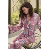 Kadife Çiçek Baskılı Uzun Kol Sabahlık Ve Pantolon Pijama Takım 9732