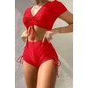 Boefje  Özel Tasarım Yarım Kol Büzgü Detaylı Bikini Takım Kırmızı