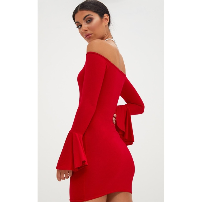 Boefje Kırmızı İspanyol Kol Dar Elbise