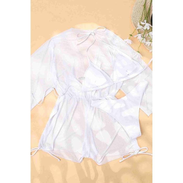 Boefje Şifon Pareo Plaj Elbesi Cover Up Kimono Beyaz