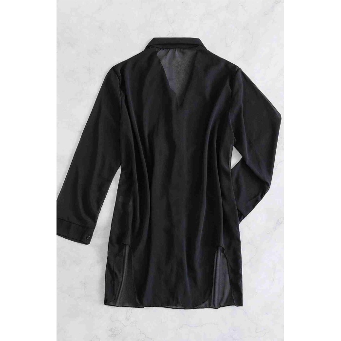Boefje Şifon Gömlek Plaj Elbisesi Pareo Kimono Kaftan Siyah