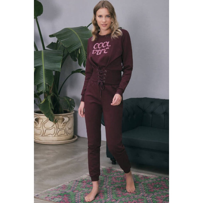 Pamuklu Göğüs İşlemeli Bel Detaylı Uzun Kollu Sweatshirt Ve Pantolon Pijama Takım 9752