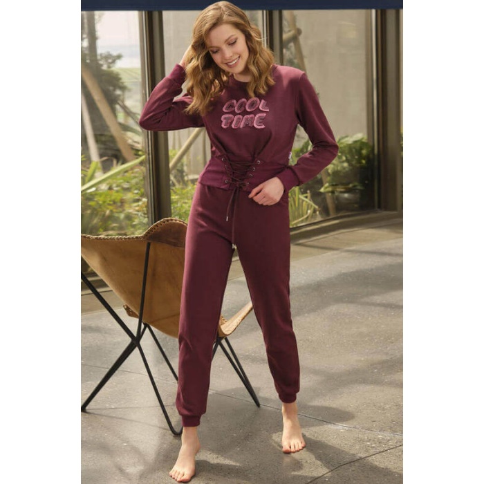 Pamuklu Göğüs İşlemeli Bel Detaylı Uzun Kollu Sweatshirt Ve Pantolon Pijama Takım 9752
