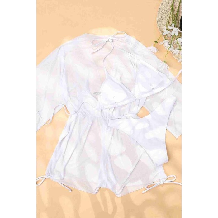 Angelsin Şifon Pareo Plaj Elbesi Cover Up Kimono Beyaz Ms4408