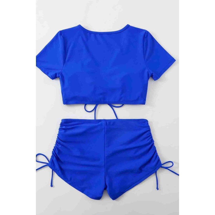 Boefje  Özel Tasarım Yarım Kol Büzgü Detaylı Bikini Takım Mavi