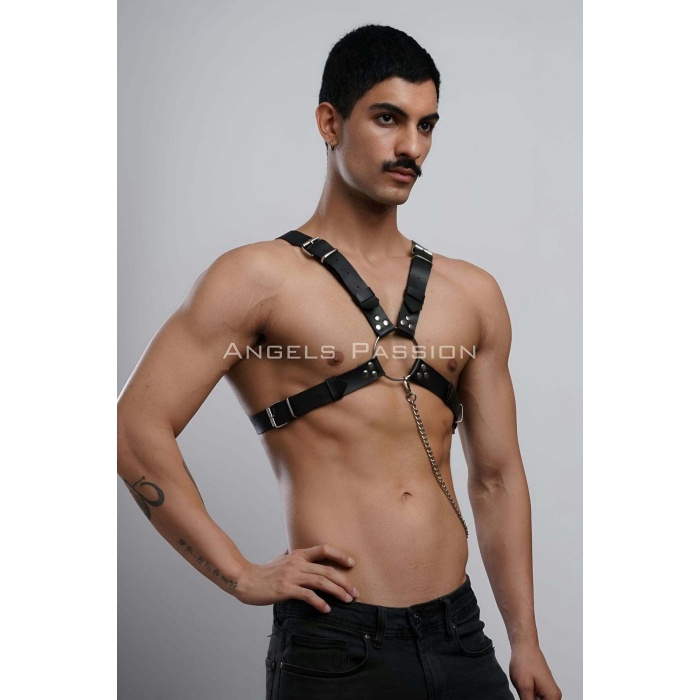 Zincir Detaylı Deri Erkek Göğüs Harness, Partywear, Clubwear - Brfm95