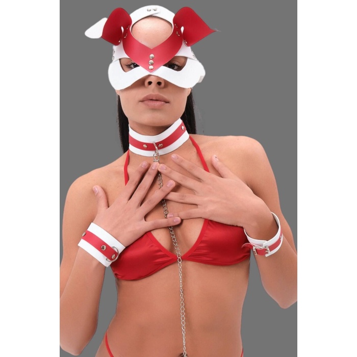 Kırmızı Beyaz Maske Ve Kelepce Sütyen Takım Set 800623