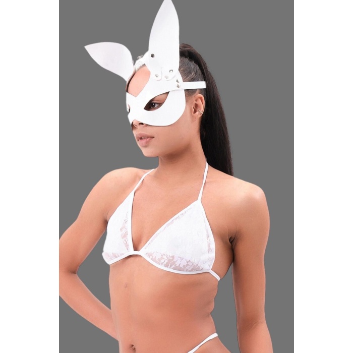 Beyaz Deri Tavşan Kulaklı Maske Ve Sütyen Set 800621