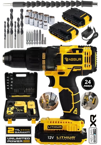 Assur 12V 1.5Ah Metal Şanzıman Çift Akülü Şarjlı Darbeli Matkap 24 Parça Akülü Vidalama