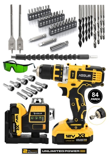 Çift Akülü Çelik Mandren 84 Parça Şarjlı Matkap Sarı Ve 12 Köşe 360° Otomatik Hizalamalı Lazer