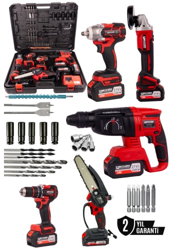 Kimmer Plus 21v Akülü 5li Set Kırıcı Delici Hilti Taşlama Somun Sıkma Vidalama Budama Kırmızı Renk