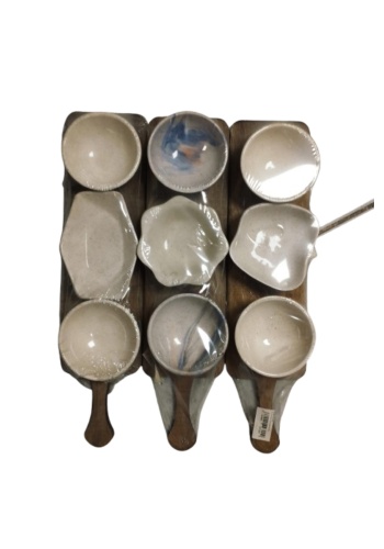 Porselen Servis 3’lü Ahşap Sunum Sosluk, Çerezlik - 12 Parça