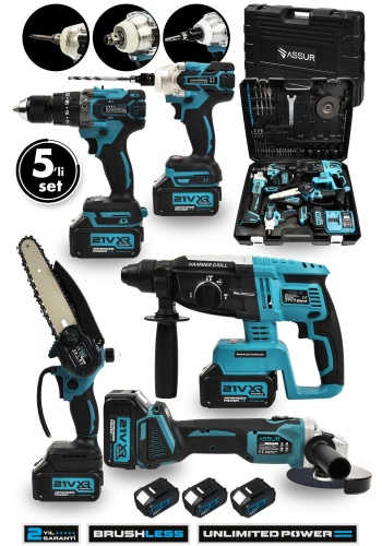 Profesyonel 21v Akülü 5 li Set Kırıcı Delici Hilti Taşlama Somun Sıkma Akülü Vidalama Budama T