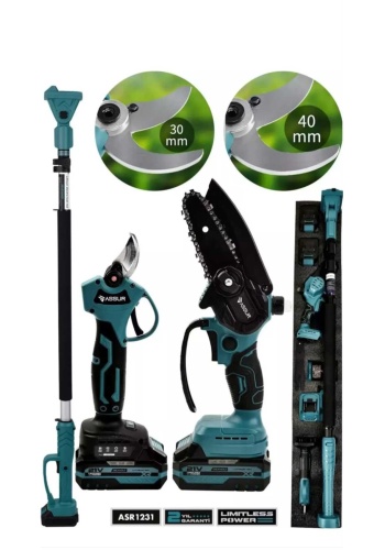 Profesyonel 3lü Set 21V Çift Akülü Teleskopik Kollu Bağ Makası & Budama Testeresi