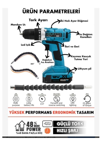 BOLTOPTAN 12V 1.5AH Çelik Şanzıman Bakır Sargılı Şarjlı Matkap Vidalama Çift Akülü 30 Parça