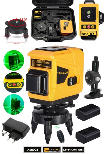 ASSRR 360° 12 Köşe Otomatik Hizalamalı Yeşil Çizgili Su Terazili Lazer Metre Hizalama
