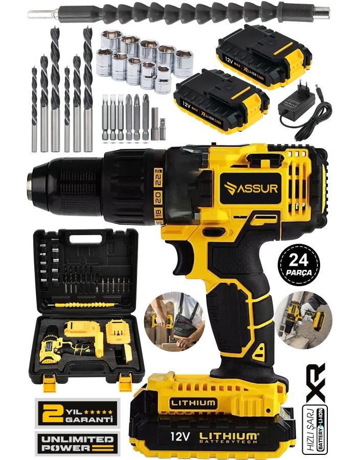 Assur 12V 1.5Ah Metal Şanzıman Çift Akülü Şarjlı Darbeli Matkap 24 Parça Akülü Vidalama