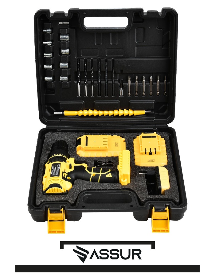 Assur 12V 1.5Ah Metal Şanzıman Çift Akülü Şarjlı Darbeli Matkap 24 Parça Akülü Vidalama