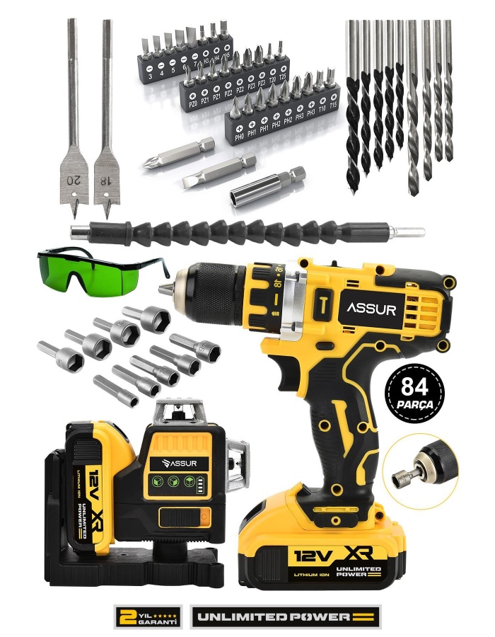 Çift Akülü Çelik Mandren 84 Parça Şarjlı Matkap Sarı Ve 12 Köşe 360° Otomatik Hizalamalı Lazer