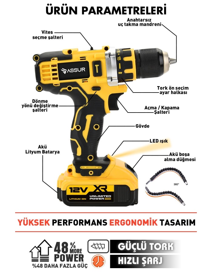 Çift Akülü Çelik Mandren 84 Parça Şarjlı Matkap Sarı Ve 12 Köşe 360° Otomatik Hizalamalı Lazer