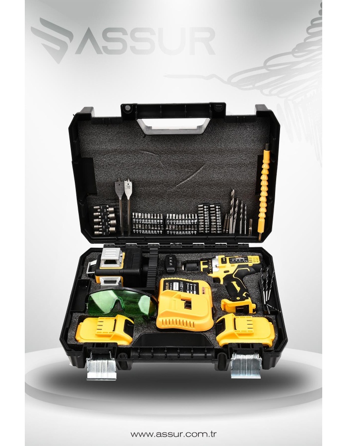 Çift Akülü Çelik Mandren 84 Parça Şarjlı Matkap Sarı Ve 12 Köşe 360° Otomatik Hizalamalı Lazer