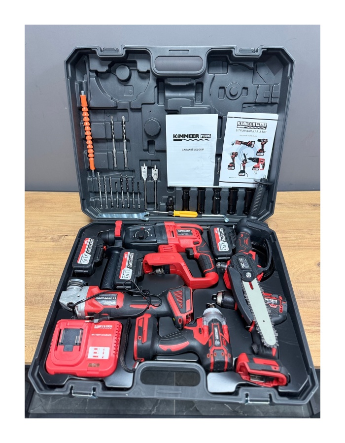 Kimmer Plus 21v Akülü 5li Set Kırıcı Delici Hilti Taşlama Somun Sıkma Vidalama Budama Kırmızı Renk