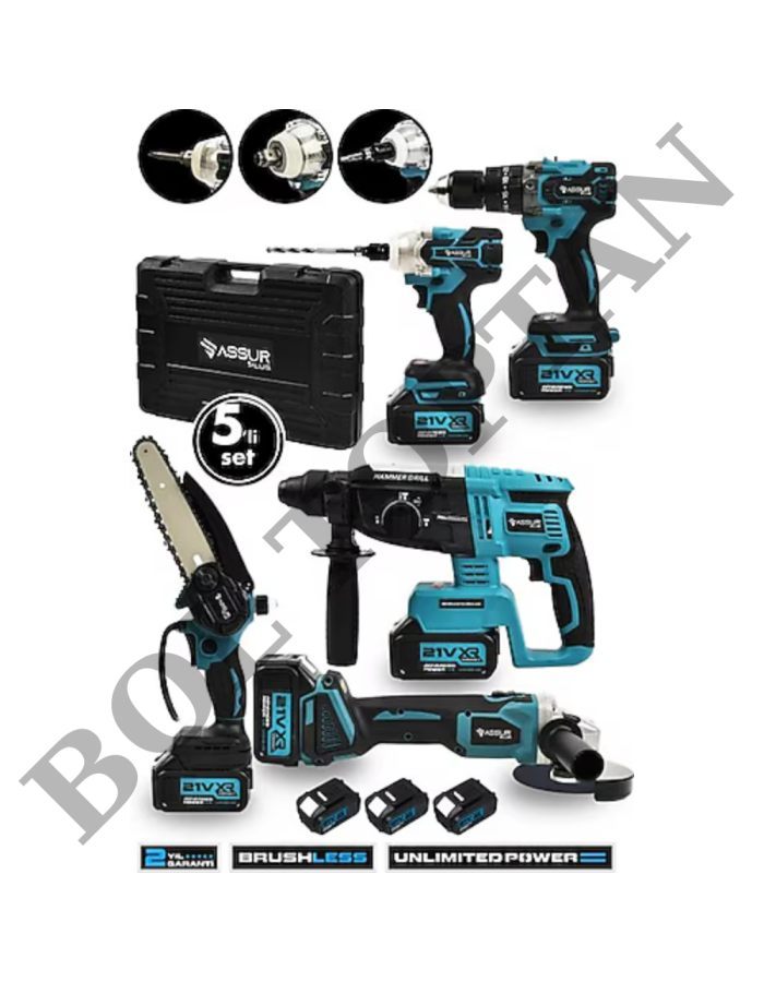 @ssur 21W 5li Set Taşlama,Somun Sıkma, Kırıcı Delici Hilti,Vidalama, Budama Testeresi