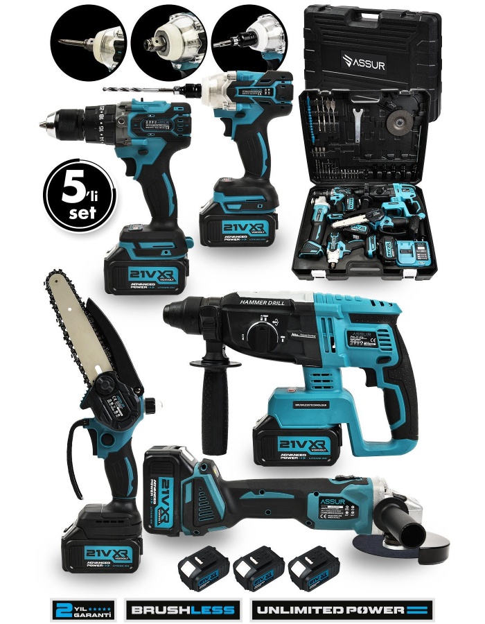Profesyonel 21v Akülü 5 li Set Kırıcı Delici Hilti Taşlama Somun Sıkma Akülü Vidalama Budama T
