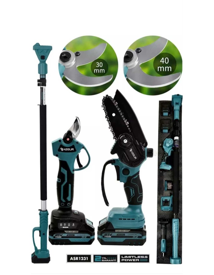 Profesyonel 3lü Set 21V Çift Akülü Teleskopik Kollu Bağ Makası & Budama Testeresi