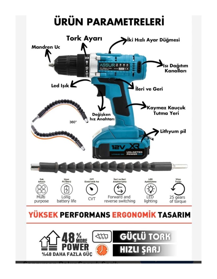 BOLTOPTAN 12V 1.5AH Çelik Şanzıman Bakır Sargılı Şarjlı Matkap Vidalama Çift Akülü 30 Parça