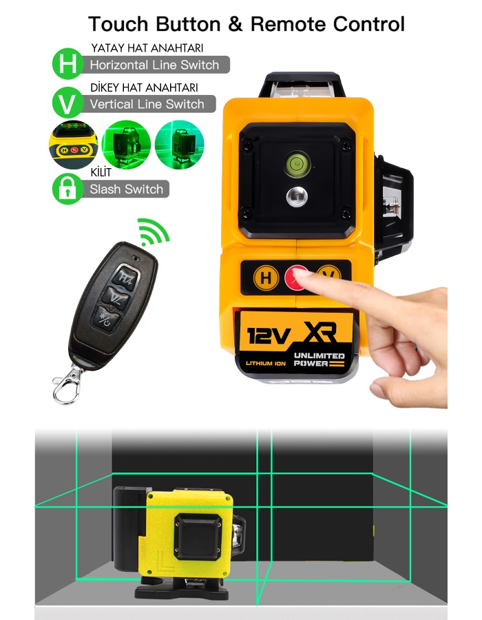 ASSRR 360° 12 Köşe Otomatik Hizalamalı Yeşil Çizgili Su Terazili Lazer Metre Hizalama