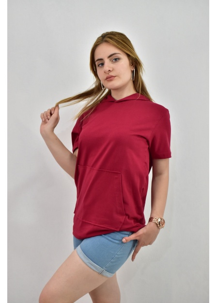 ZİDAN 3170-1 KANGURU CEP YARIM KOL KAPŞONLU KADIN T-SHIRT