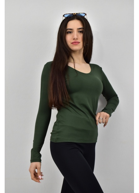 Zidan K-120 V Yaka Uzun Kol İnce Kadın Sweatshirt - HAKİ