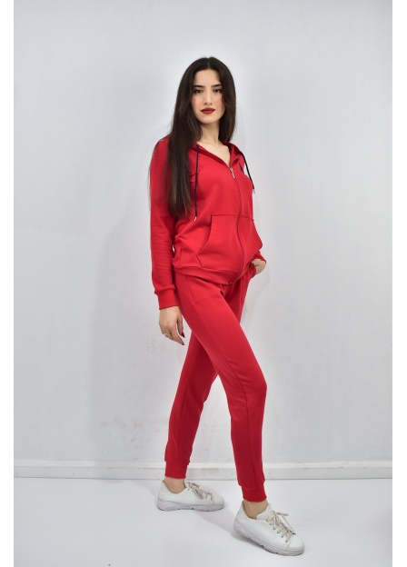 ZİDAN KETK-05 NAKIŞLI FERMUARLI KAPŞONLU KADIN EŞOFMAN TAKIM - KIRMIZI