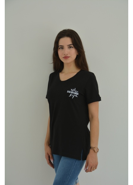 Zidan Zdn13 V Yaka kadın Yırtmaçlı Baskılı Tişört