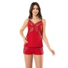 Kadın Kırmızı Çapraz Dantelli Şortlu Takım Ev Giyim Pijama Gecelik 6339