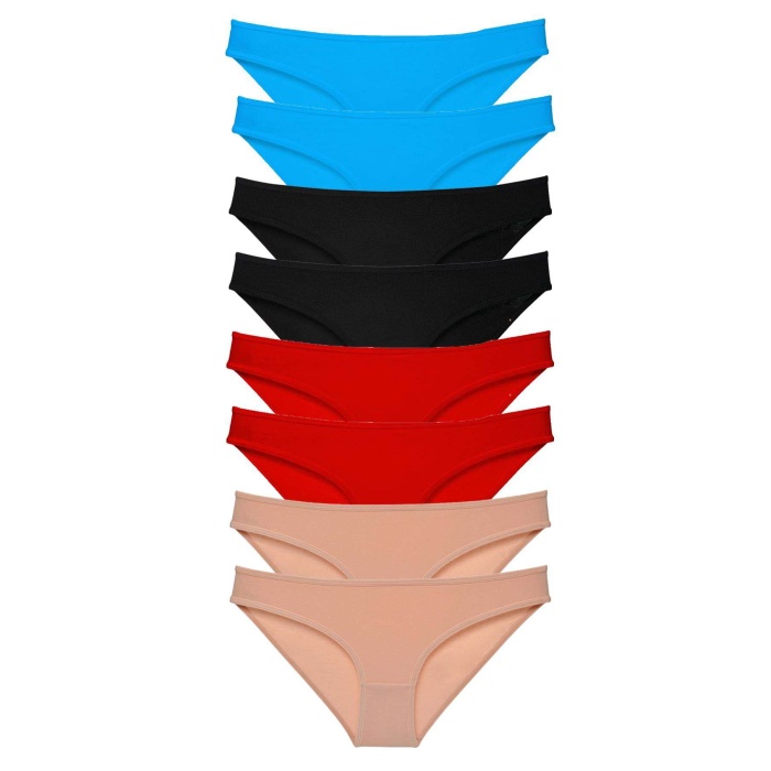 8 adet Süper Eko Set Likralı Kadın Slip Külot Siyah Kırmızı Ten Mavi