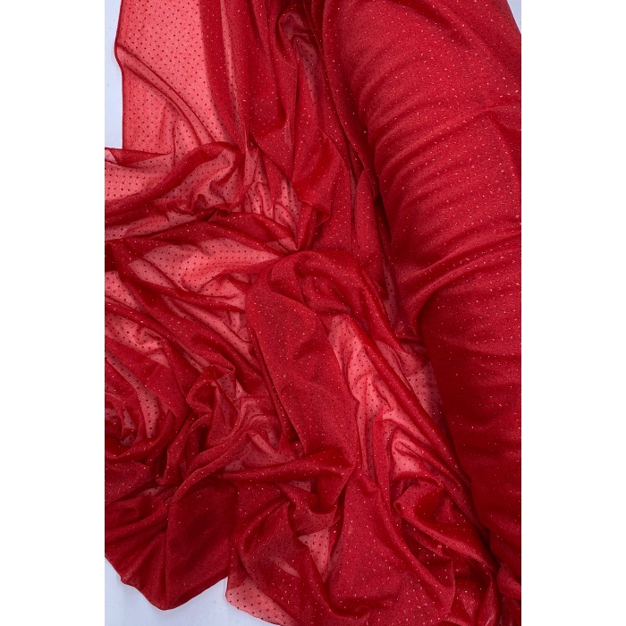 Yağmur Damlası Simli Abiye Elbise Şallık Tül Kumaş Kırmızı 21