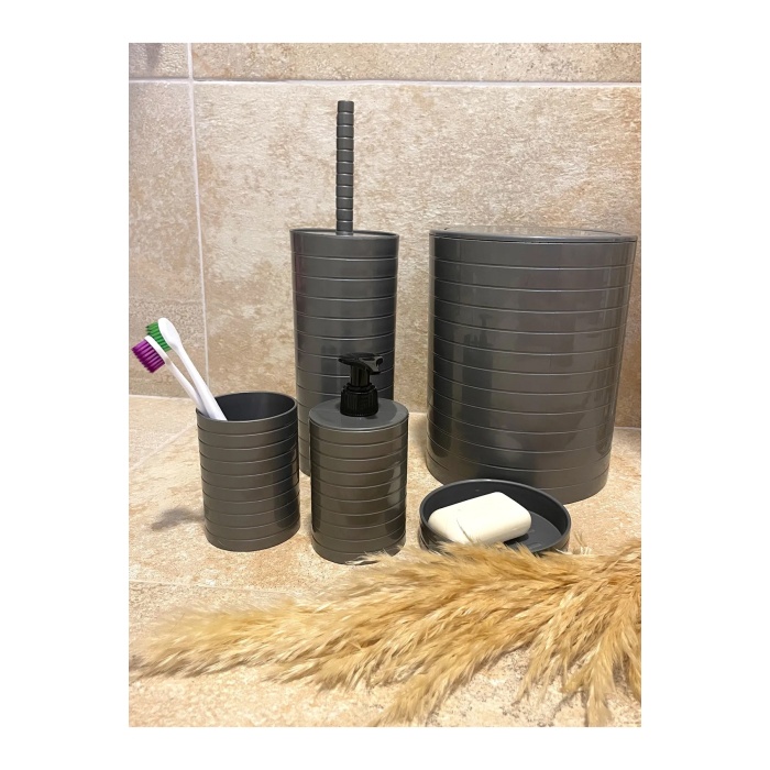 Banyo Seti 5li Gri Çöp Kovası Wc Fırçalık Sıvı Sabunluk Katı Sabunluk