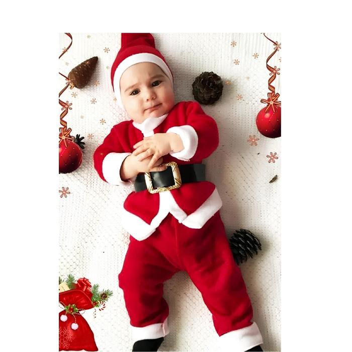 Erkek Çocuk Noel Baba Yılbaşı Kostümü Şapkalı Kemerli Bebek Kostümü