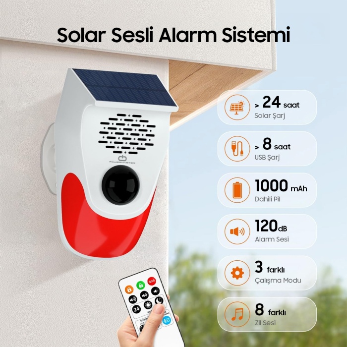 POWERMASTER PM-26240 KUMANDALI SOLAR SESLİ IŞIKLI 120DB ALARM SİSTEMİ