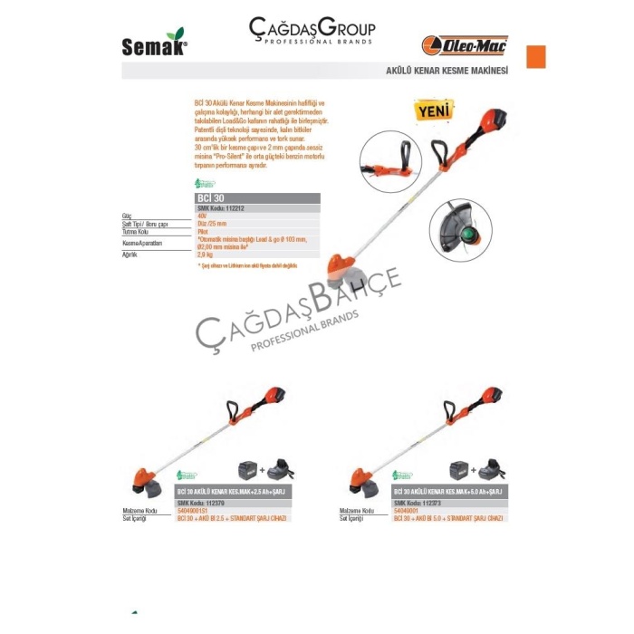 Oleomac BCİ30 Akülü Şarjlı Kenarkesme Tırpan 40V 2.9 Kg