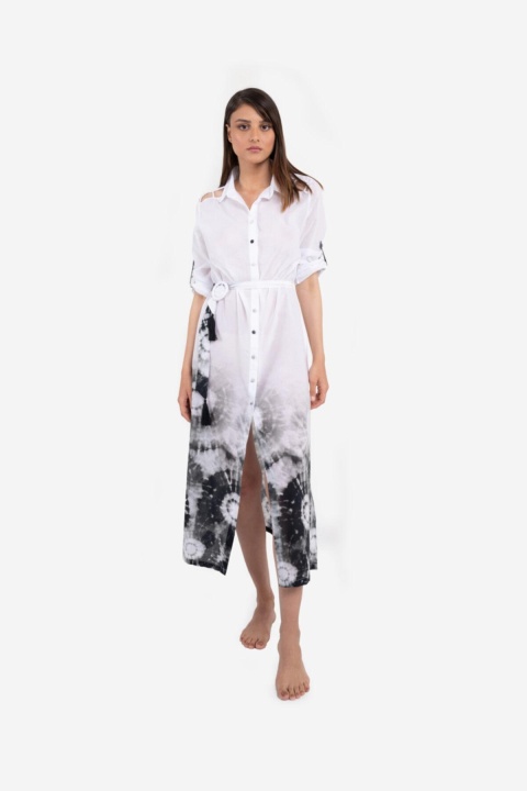 Batik Desenli El Yapımı Örgü Detaylı Uzun Pamuk Gömlek