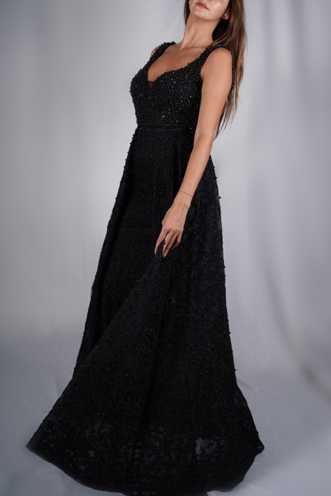 Couture, Boncuk işlemeli dantel siyah uzun, abiye elbise