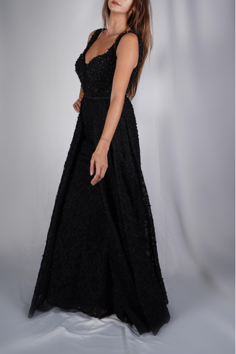 Couture, Boncuk işlemeli dantel siyah uzun, abiye elbise