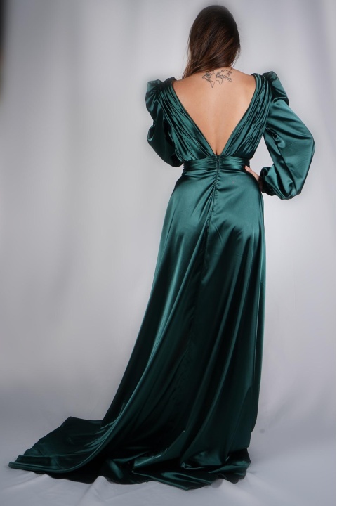 Couture V yaka önden çift yırtmaçlı yeşil abiye elbise
