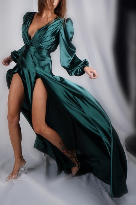 Couture V yaka önden çift yırtmaçlı yeşil abiye elbise