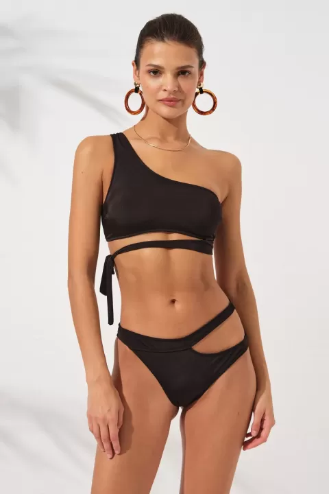 Siyah Iconic Cut Out Kesik Detaylı Tek Omuzlu Alt Üst Bikini Takımı Bağlamalı Pedli Astarlı